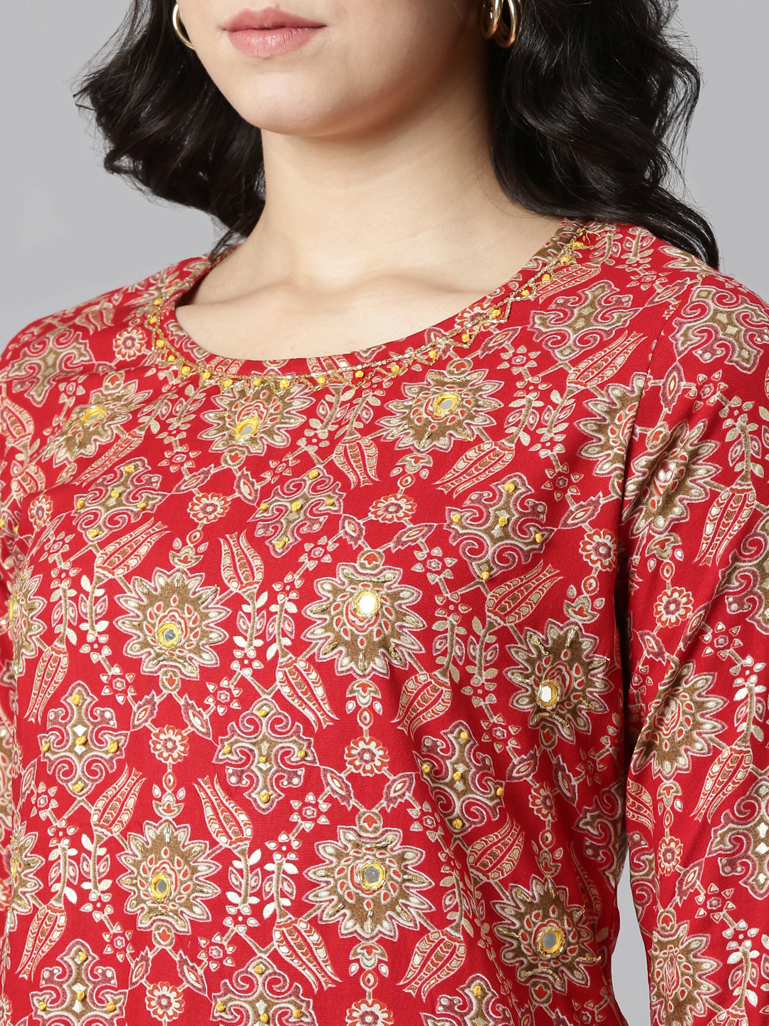 Neerus Red printed straight kurta set with dupatta - detail view 1
