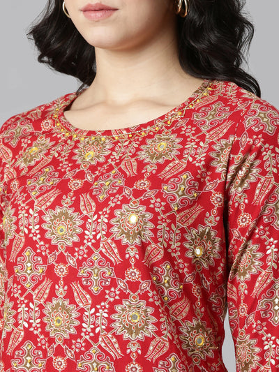 Neeru's Red Regular Straight Printed Kurta And Skirt With Dupatta
