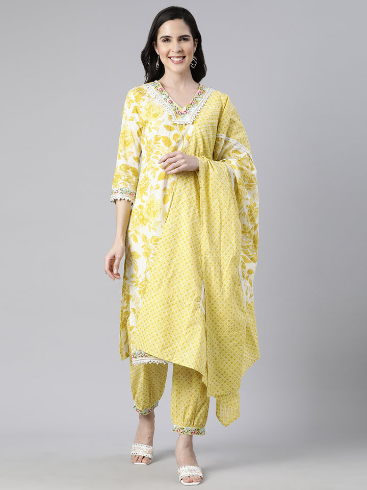 Neerus Yellow Regular Straight Floral Readymade suits