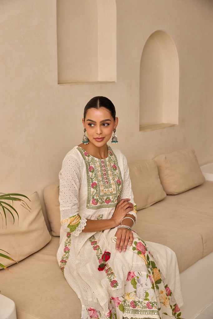 Neerus White embellished flared suit set with dupatta - detail view 4