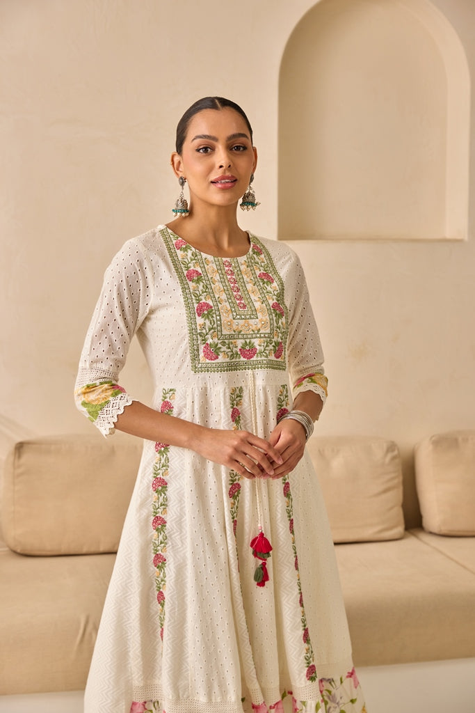 Neerus White embellished flared suit set with dupatta - detail view 2