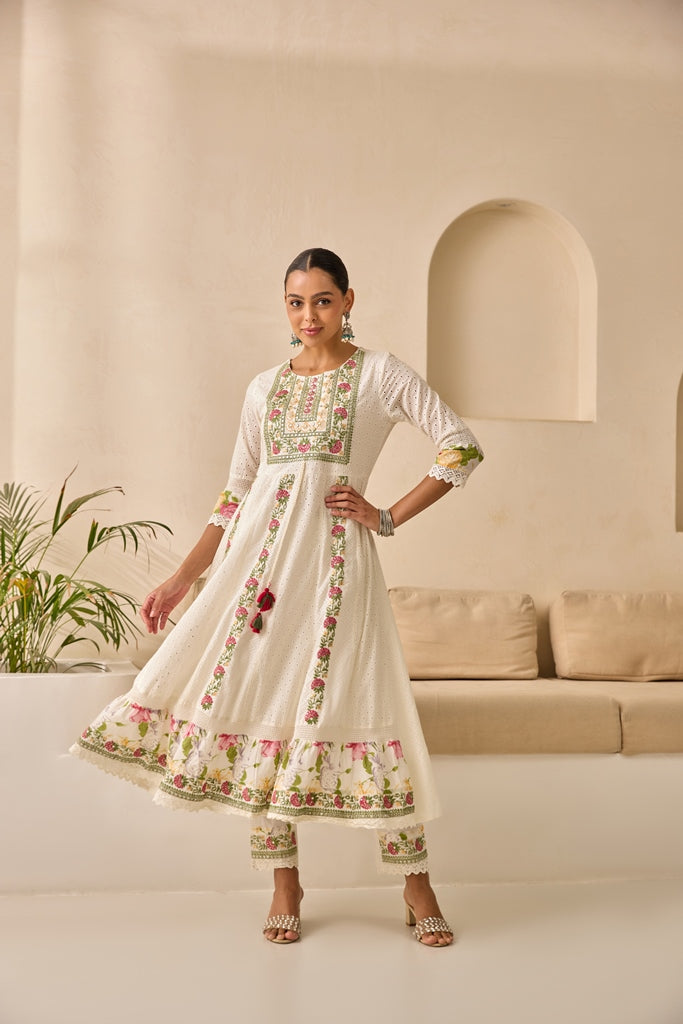 Neerus White embellished flared suit set with dupatta - detail view 3