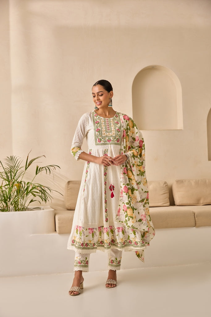 Neerus White embellished flared suit set with dupatta - front view