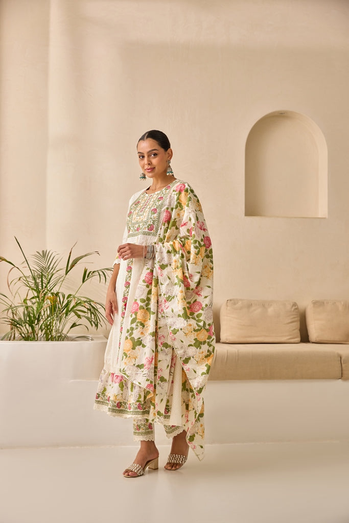 Neerus White embellished flared suit set with dupatta - side view