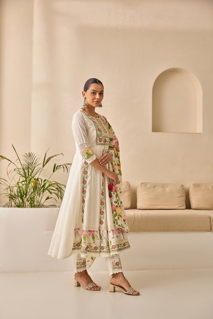 Neerus White embellished flared suit set with dupatta - back view