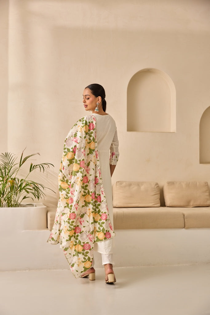 Neerus White embellished flared suit set with dupatta - detail view 1