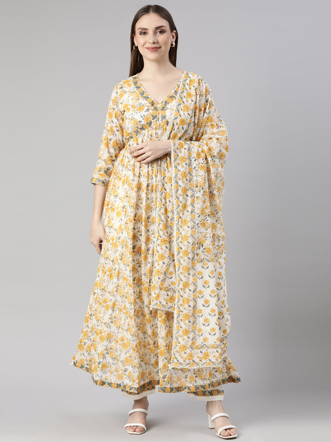 Neerus Yellow floral printed flared suit set - front view