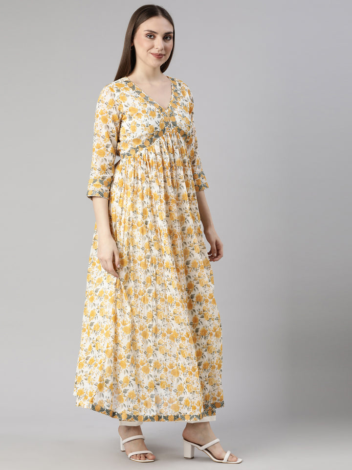 Neerus Yellow floral printed flared suit set - back view