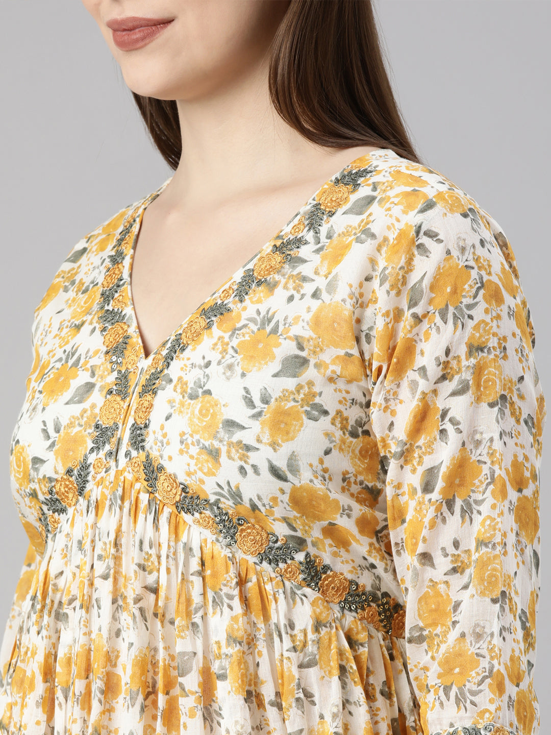 Neerus Yellow floral printed flared suit set - detail view 1