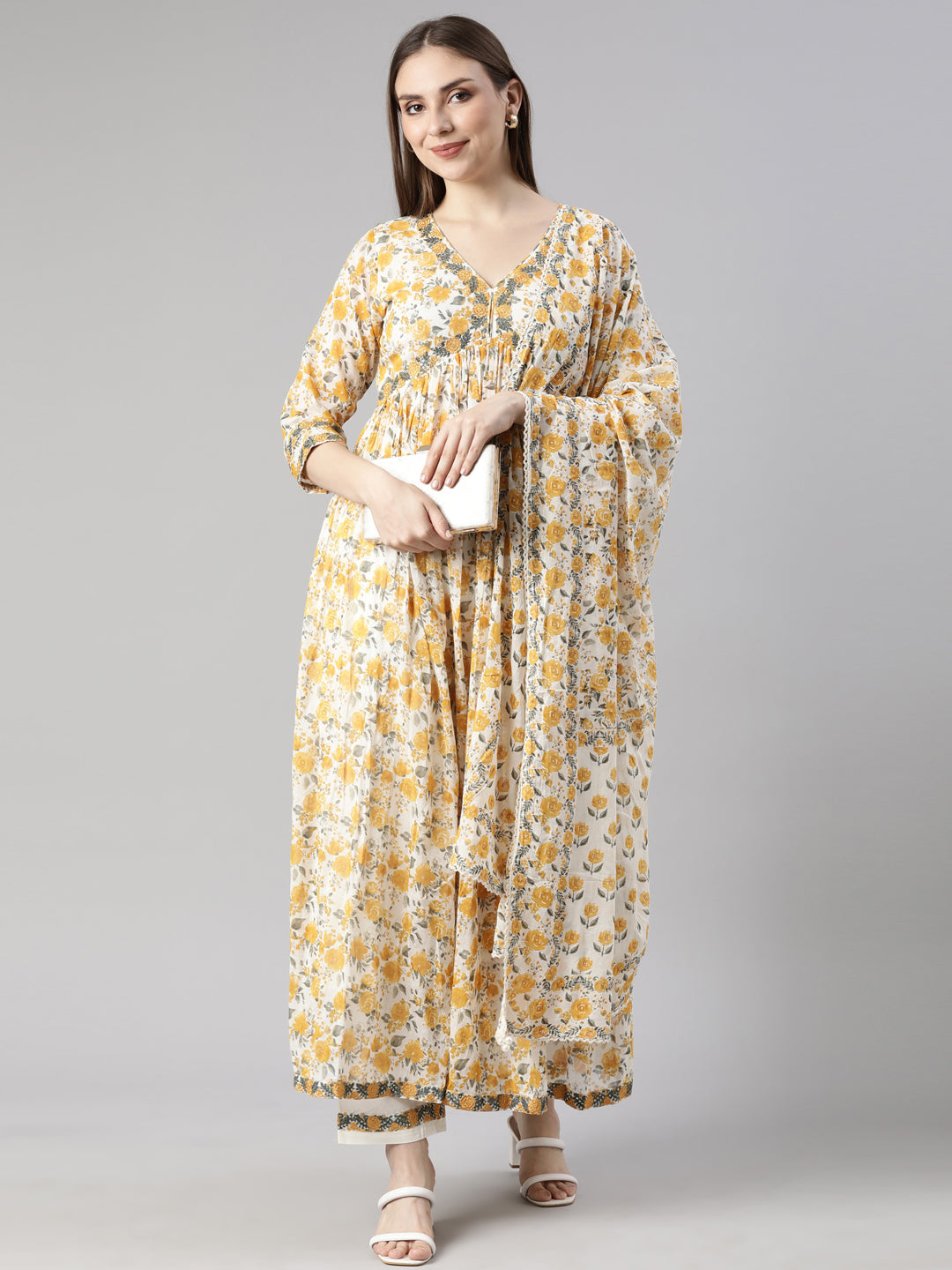 Neerus Yellow floral printed flared suit set - detail view 2