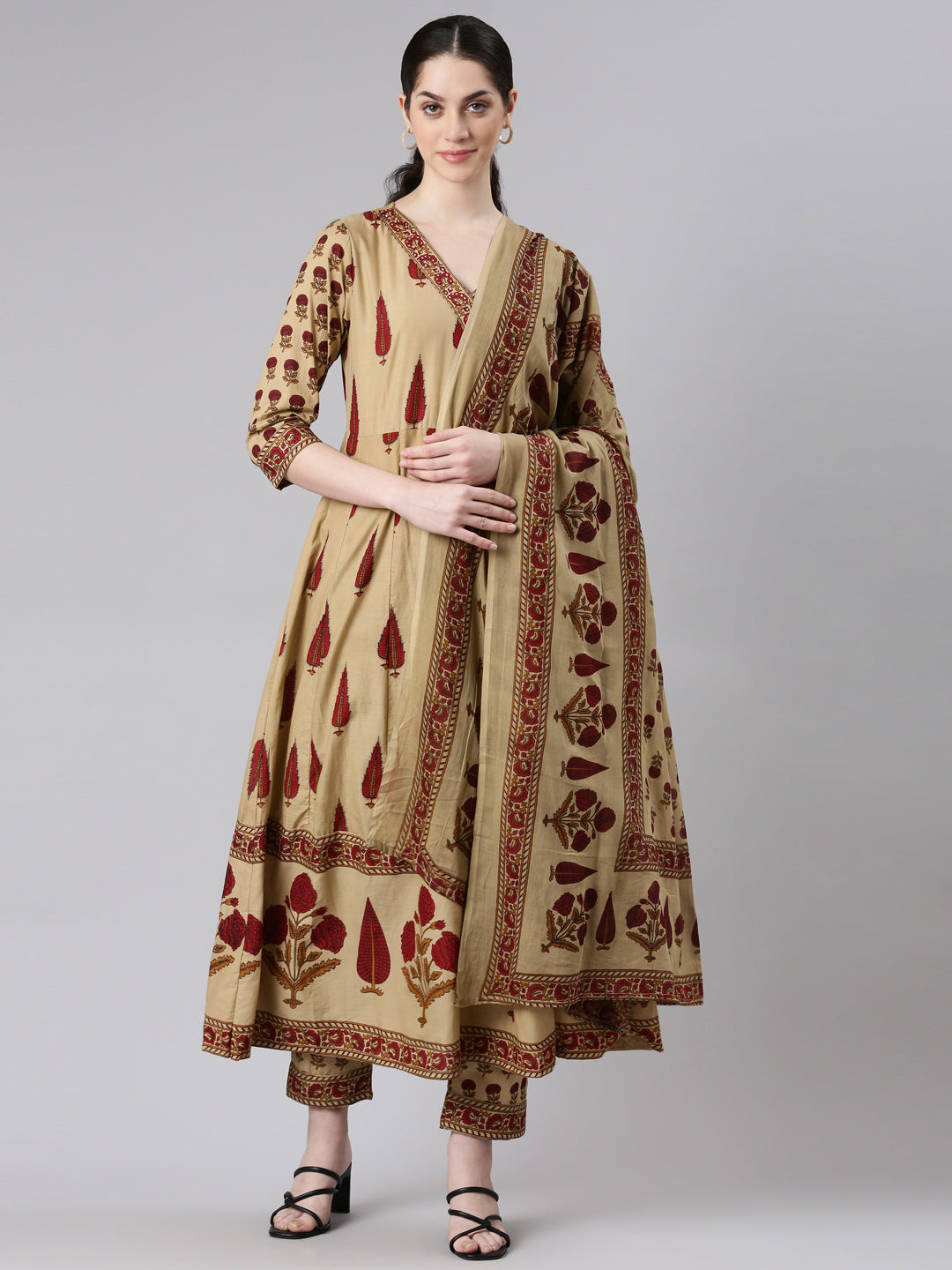 Neerus Beige Anarkali Suit Set Kurta Trouser Dupatta - front view