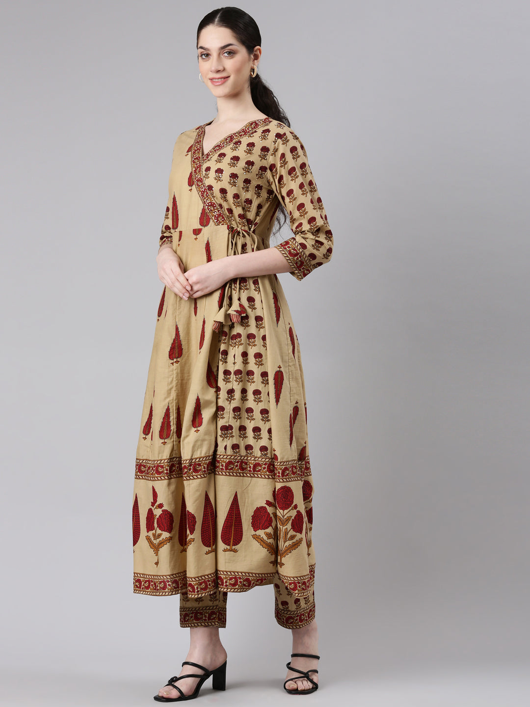 Neerus Beige Anarkali Suit Set Kurta Trouser Dupatta - back view