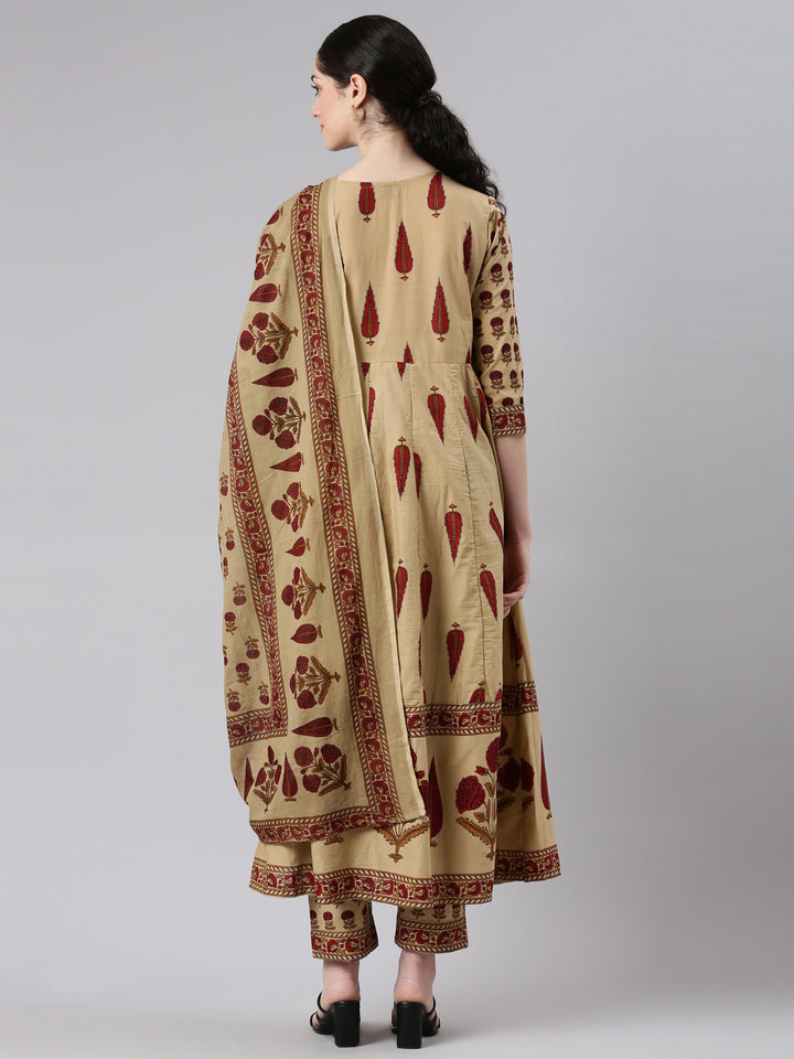 Neerus Beige Anarkali Suit Set Kurta Trouser Dupatta - side view