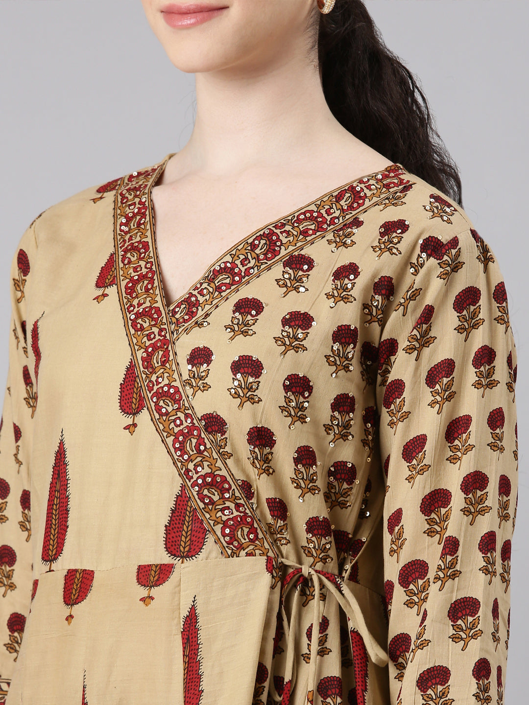 Neerus Beige Anarkali Suit Set Kurta Trouser Dupatta - detail view 1