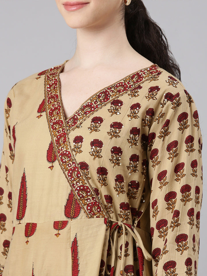 Neerus Beige Anarkali Suit Set Kurta Trouser Dupatta - detail view 1