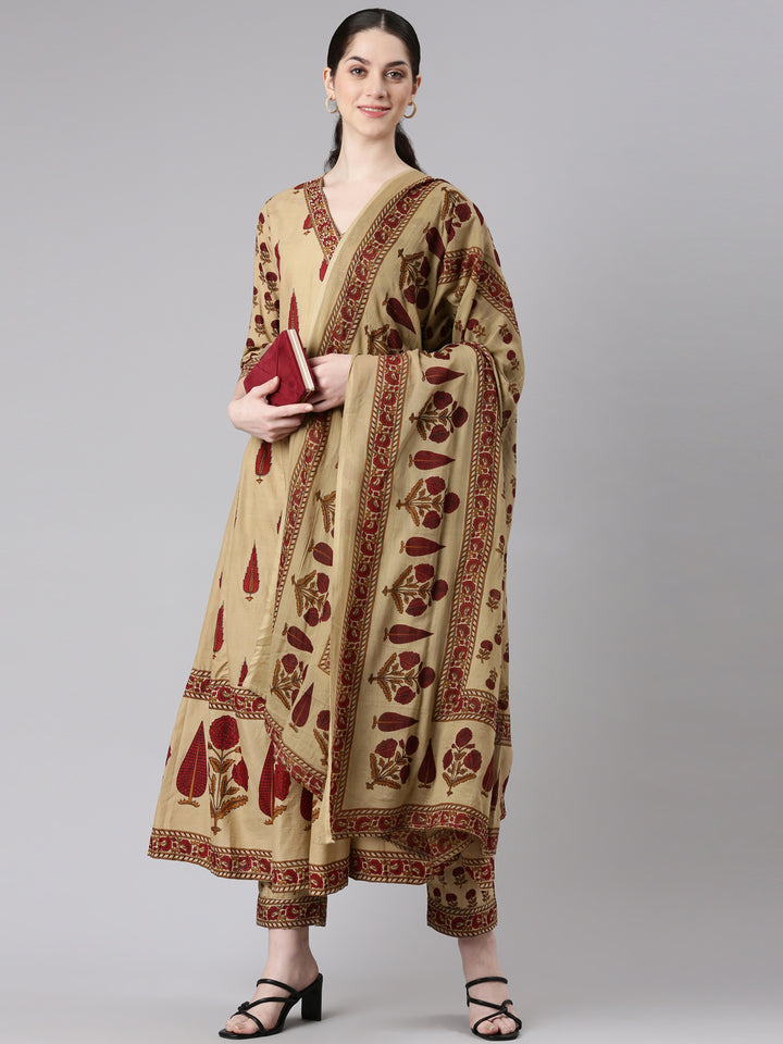 Neerus Beige Anarkali Suit Set Kurta Trouser Dupatta - detail view 2