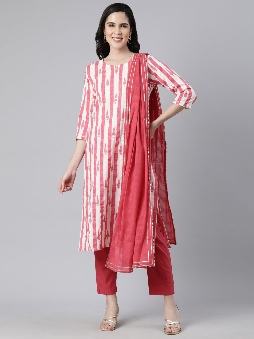 Neerus Pink printed striped straight suit set - front view