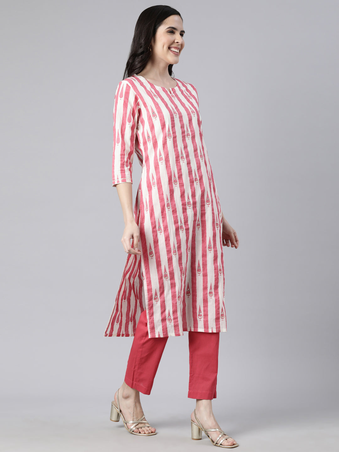 Neerus Pink printed striped straight suit set - back view