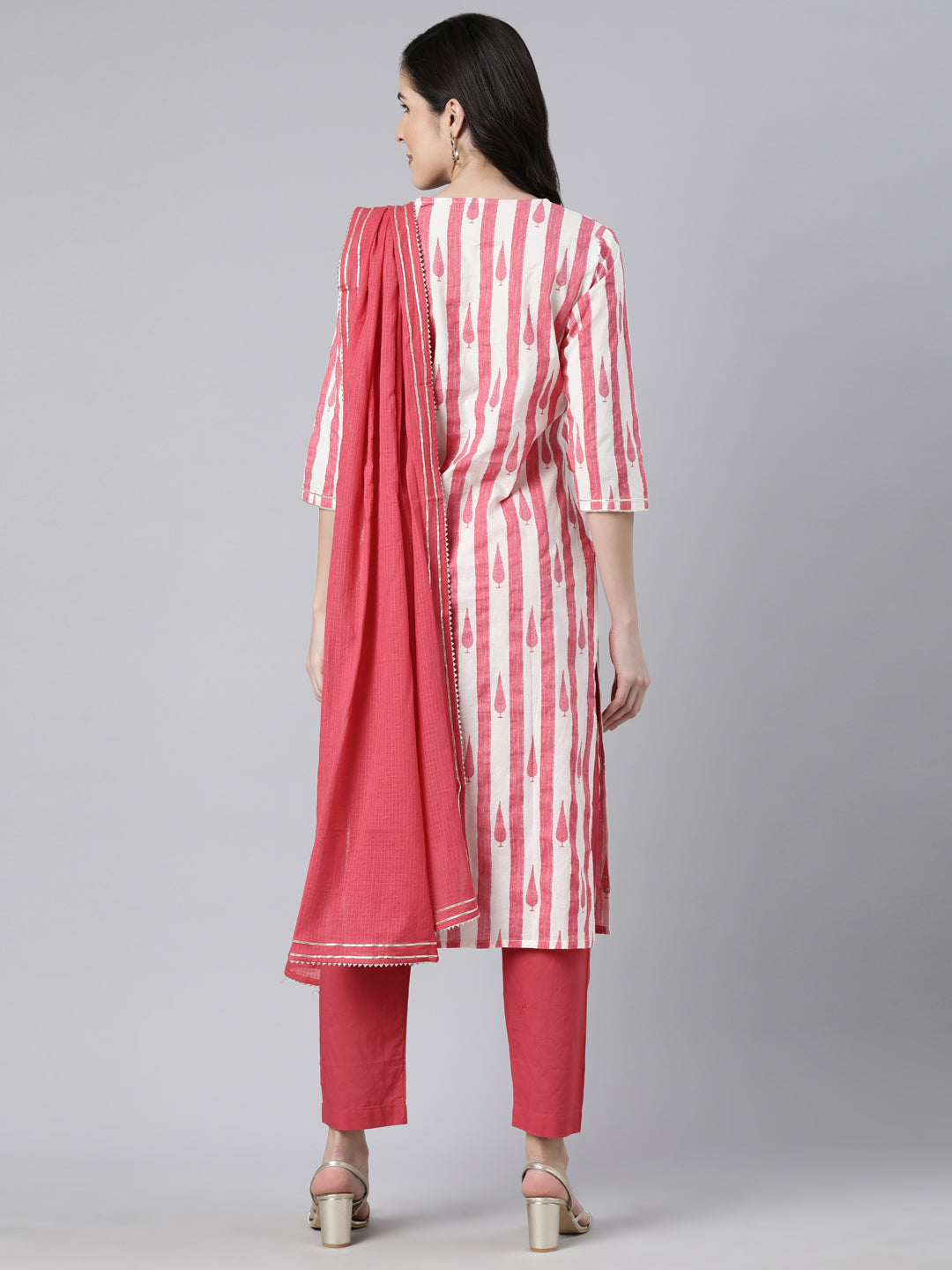 Neerus Pink printed striped straight suit set - side view