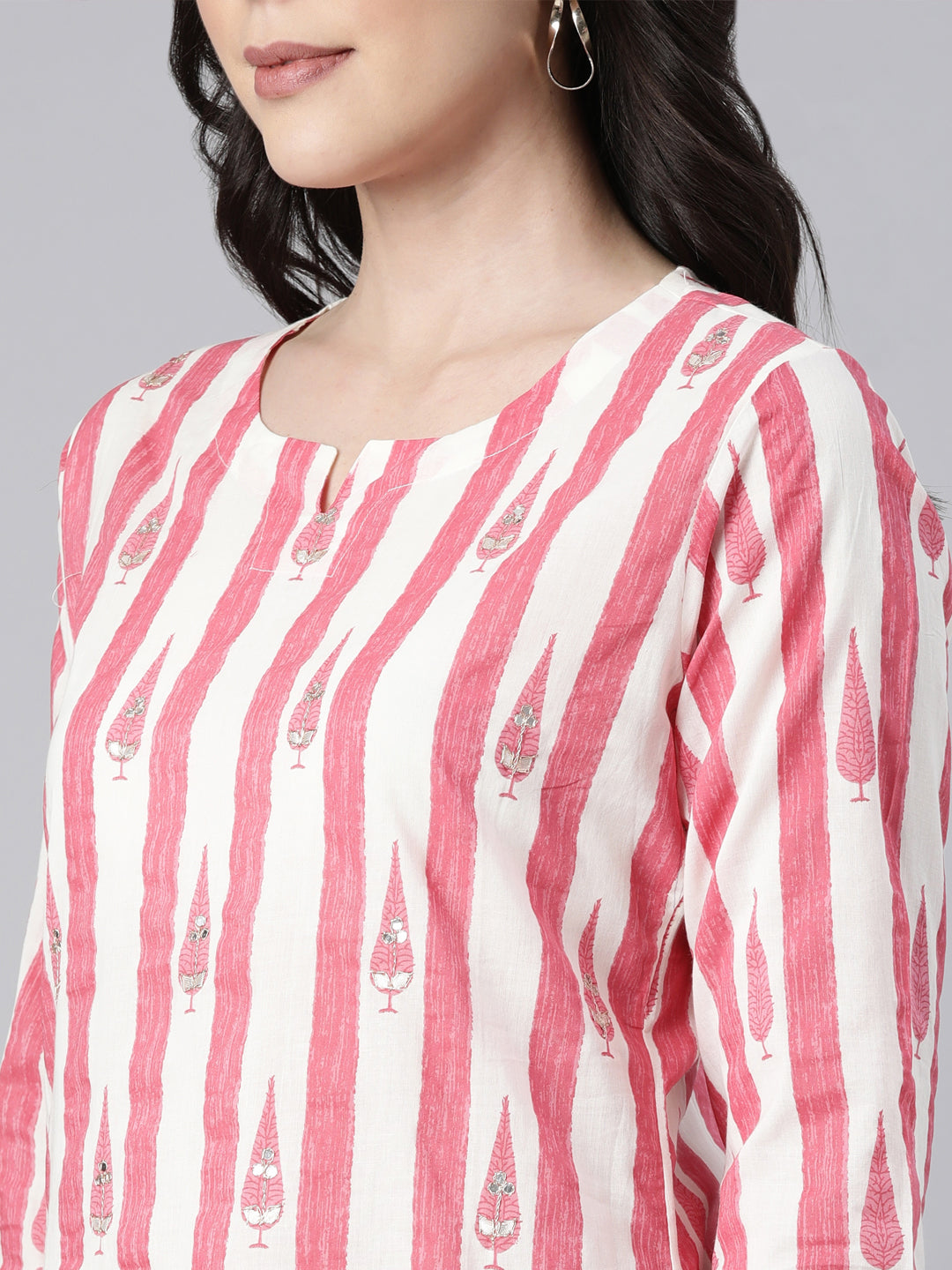 Neerus Pink printed striped straight suit set - detail view 1
