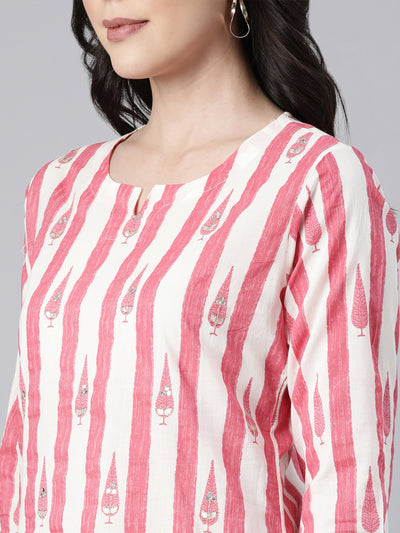 Neerus Pink Regular Straight Striped Kurta And  Trousers With Dupatta