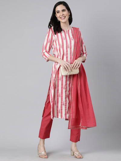 Neerus Pink Regular Straight Striped Kurta And  Trousers With Dupatta