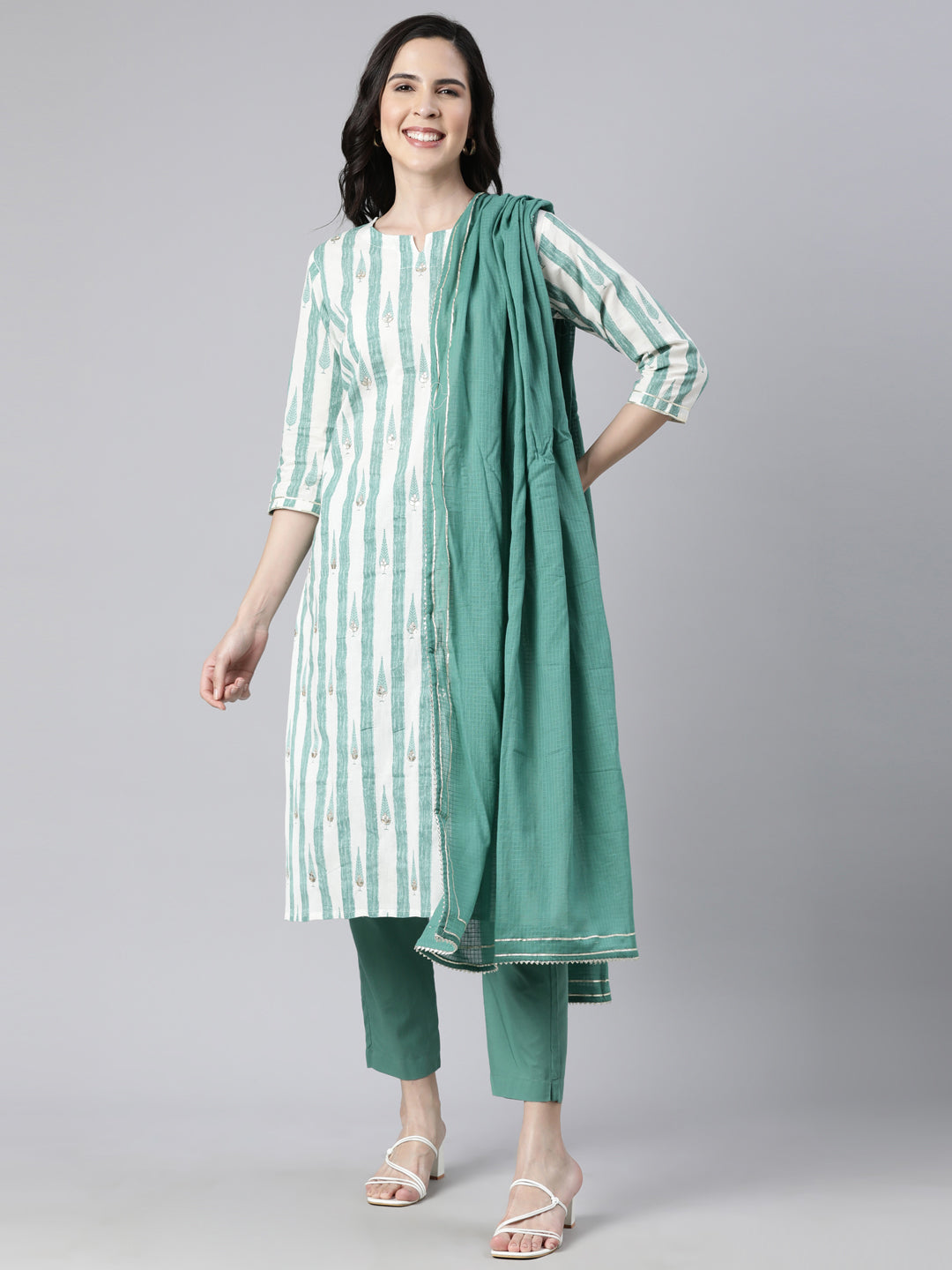 Neerus Green printed striped straight suit set - front view