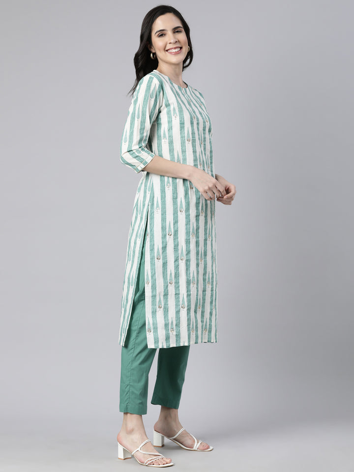 Neerus Green printed striped straight suit set - back view
