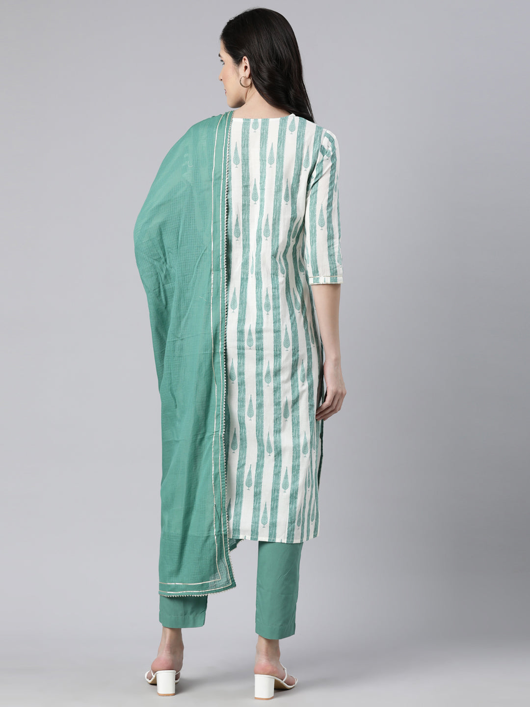 Neerus Green printed striped straight suit set - side view