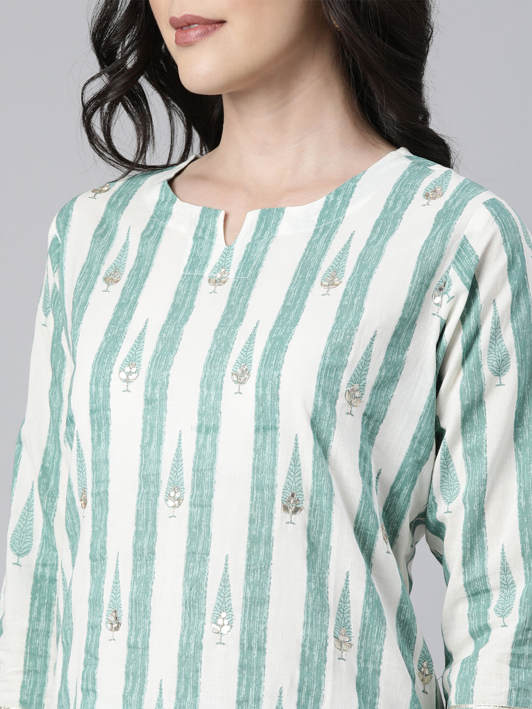 Neerus Green printed striped straight suit set - detail view 1