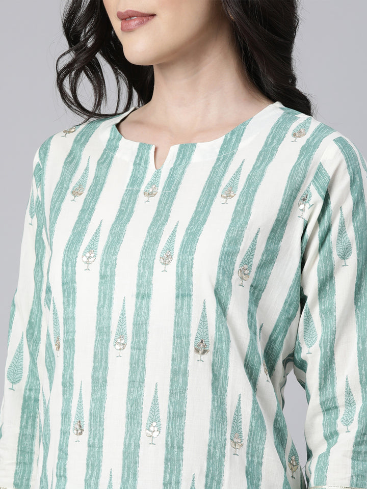 Neerus Green printed striped straight suit set - detail view 1