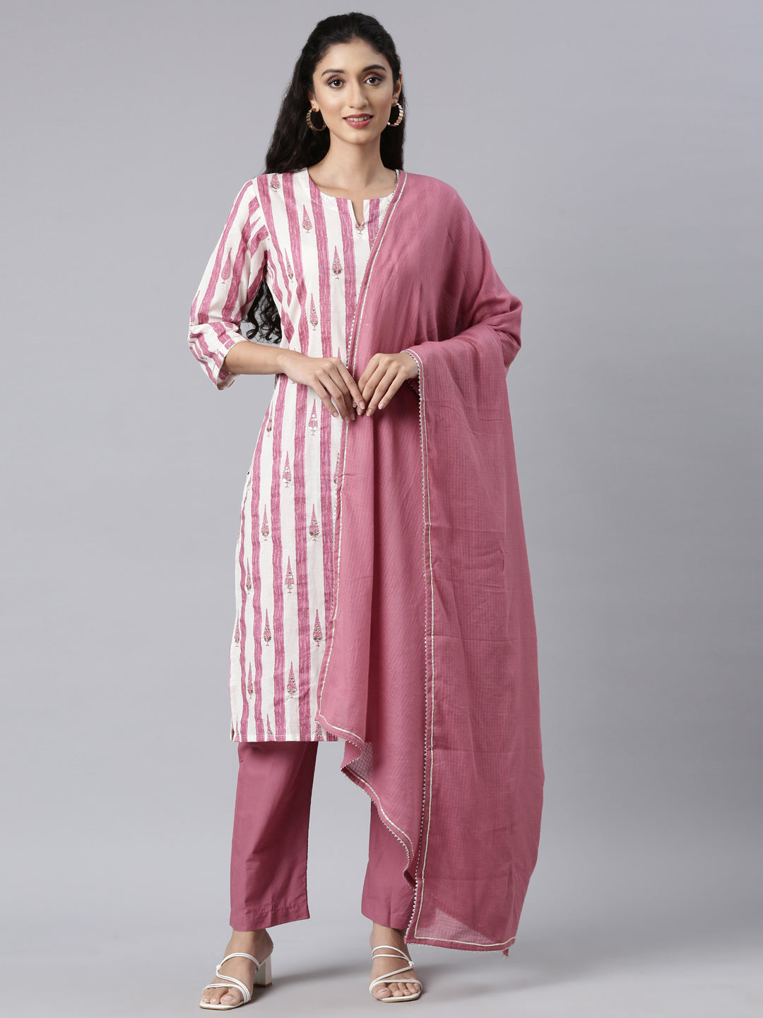 Neerus Purple panelled straight suit set - front view