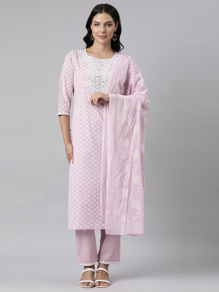 Neerus Pink straight suit set panelled yoke kurta with trouser and dupatta - front view