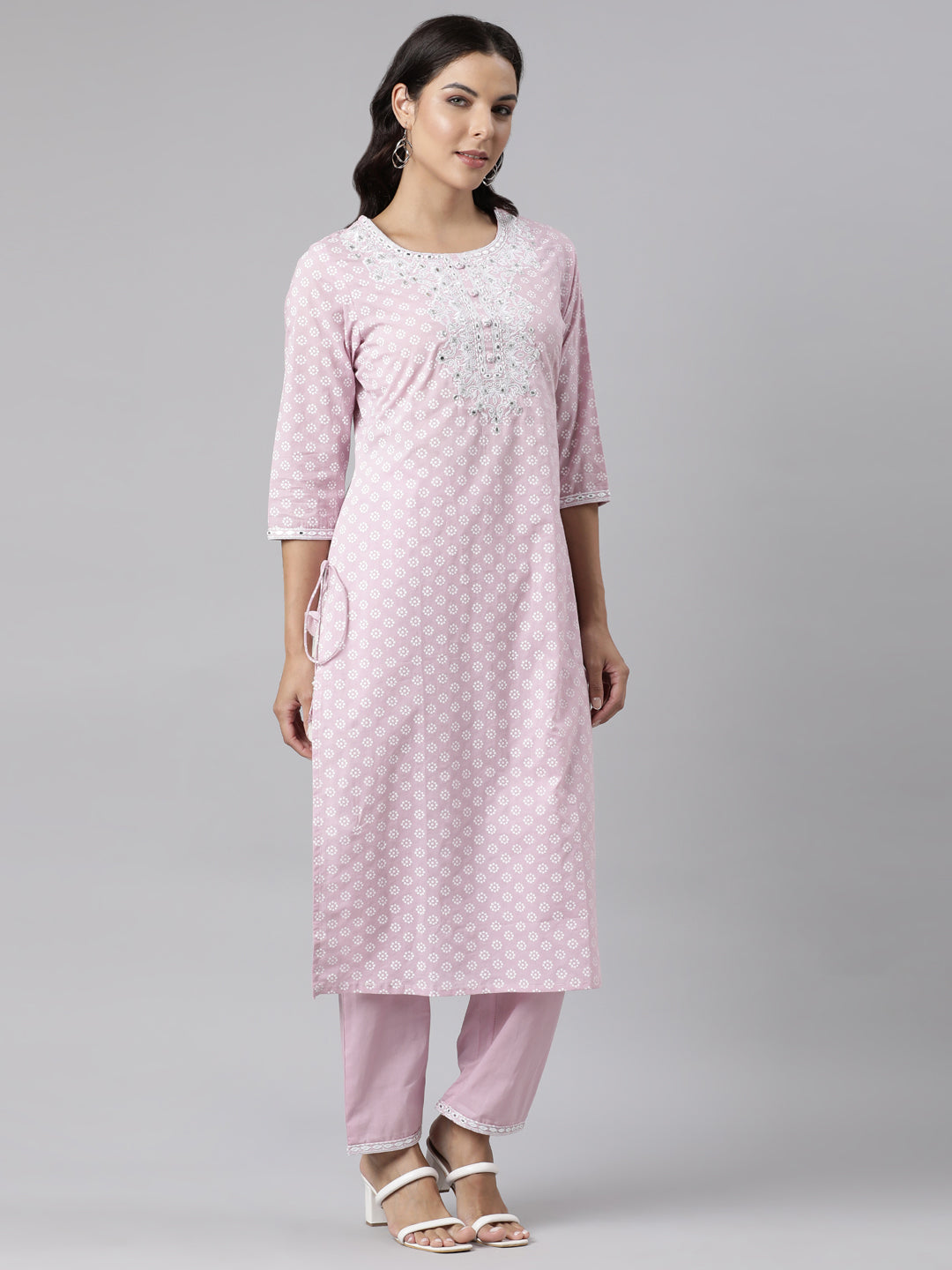 Neerus Pink straight suit set panelled yoke kurta with trouser and dupatta - side view