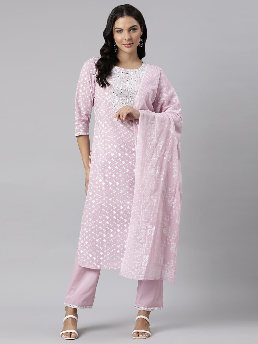 Neerus Pink straight suit set panelled yoke kurta with trouser and dupatta - detail view 3