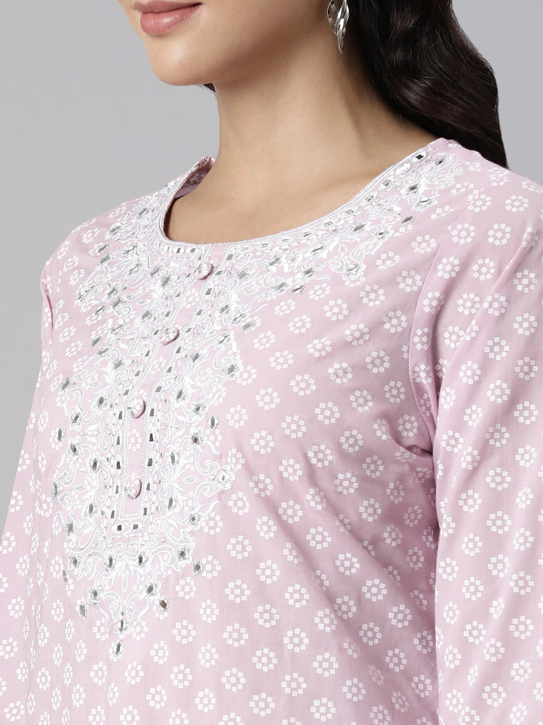 Neerus Pink straight suit set panelled yoke kurta with trouser and dupatta - detail view 2