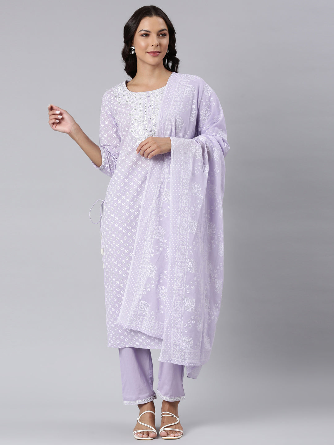 Neerus Purple georgette panelled straight suit set - front view