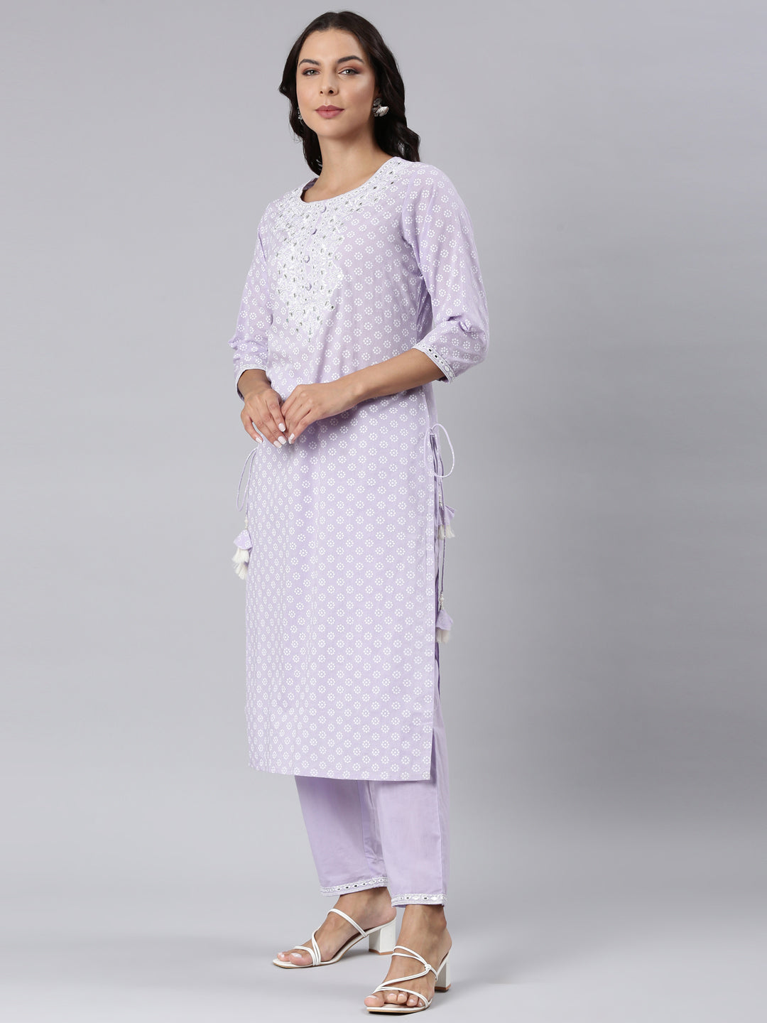 Neerus Purple georgette panelled straight suit set - back view