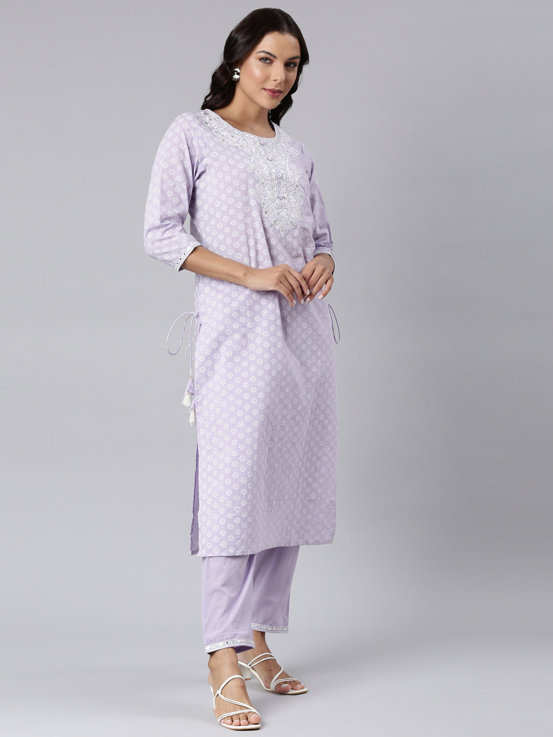 Neerus Purple georgette panelled straight suit set - side view