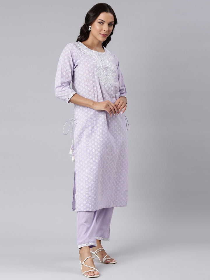 Neerus Purple georgette panelled straight suit set - side view