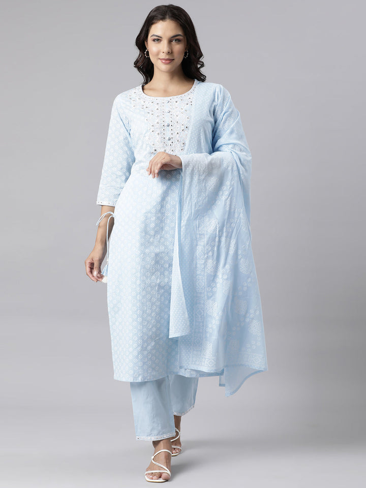 Neerus Blue panelled straight kurta suit set with dupatta - front view