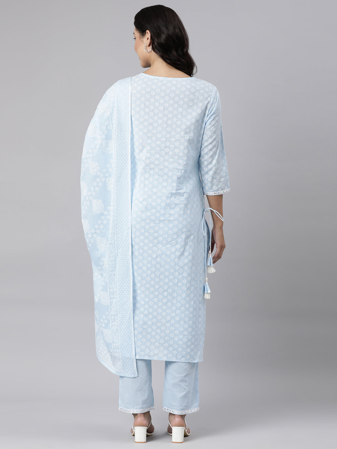 Neerus Blue panelled straight kurta suit set with dupatta - detail view 1