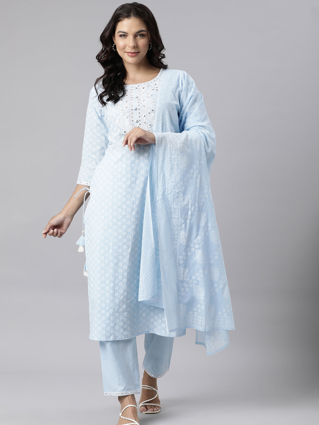 Neerus Blue panelled straight kurta suit set with dupatta - detail view 3