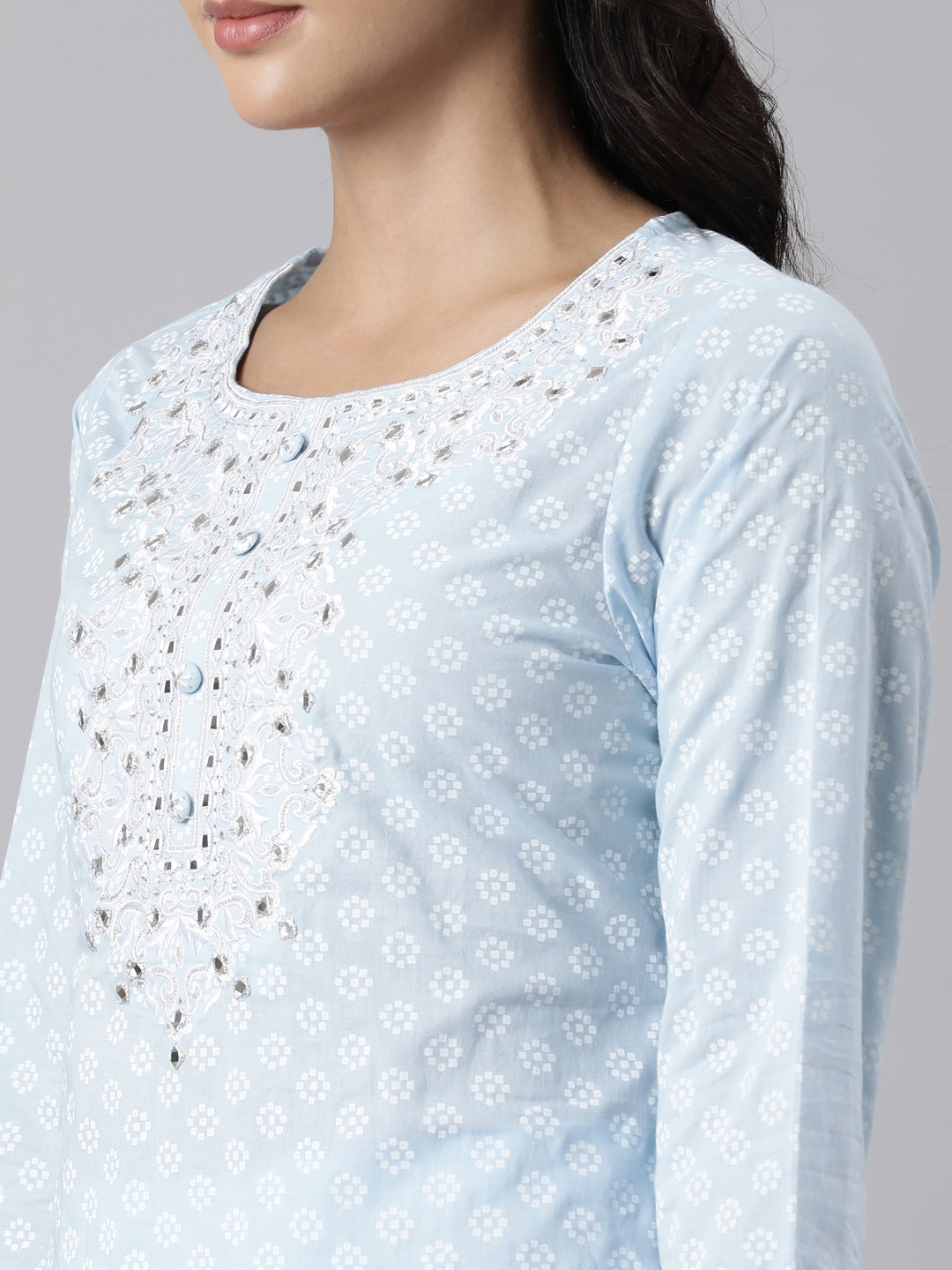 Neerus Blue panelled straight kurta suit set with dupatta - detail view 2