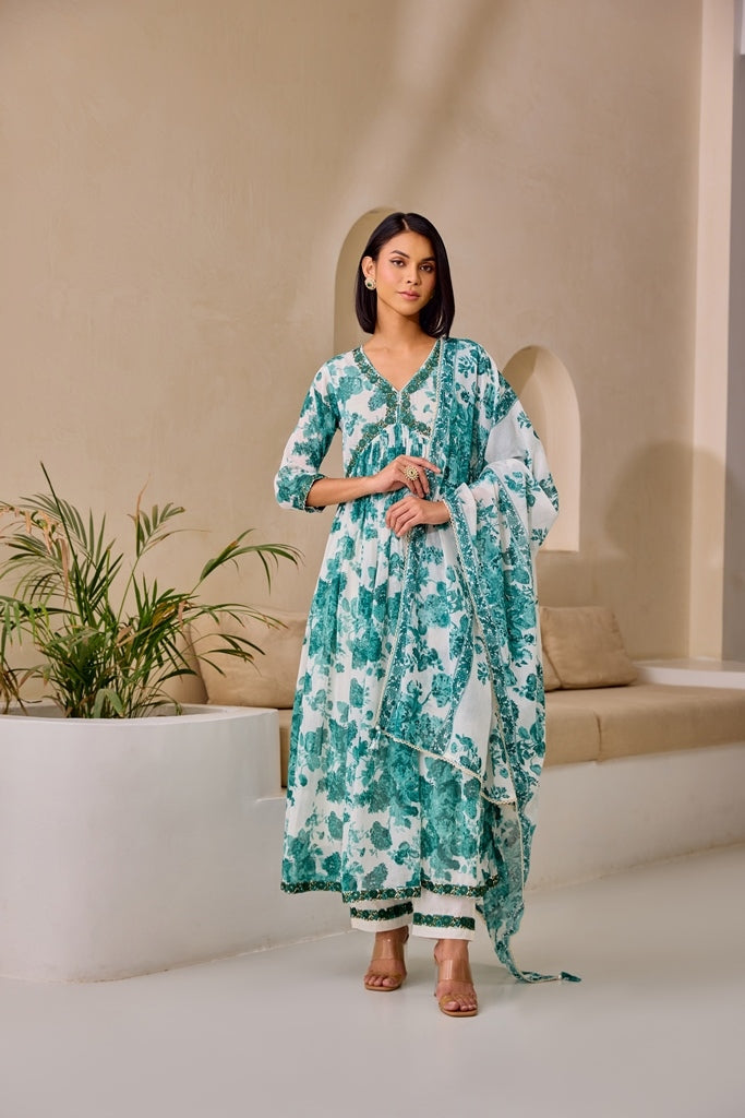 green corset wedding guest dress Neerus Green Floral Printed Georgette Flared Suit Set