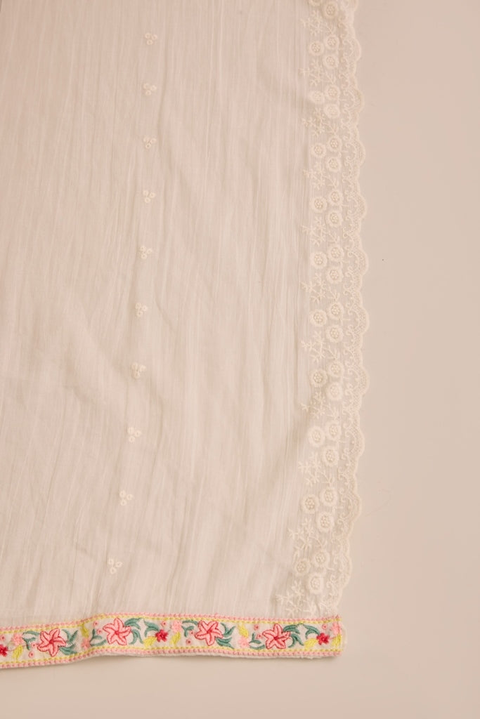 Neerus White cotton embellished suit set straight kurta with trouser and dupatta - detail view 3