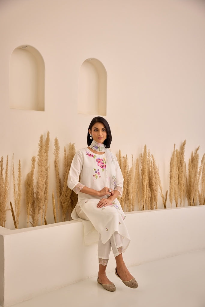 Neerus White cotton embellished suit set straight kurta with trouser and dupatta - detail view 2