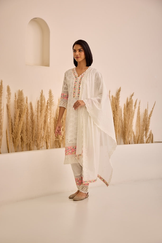 Neerus White cotton embellished suit set straight kurta with trouser and dupatta - back view