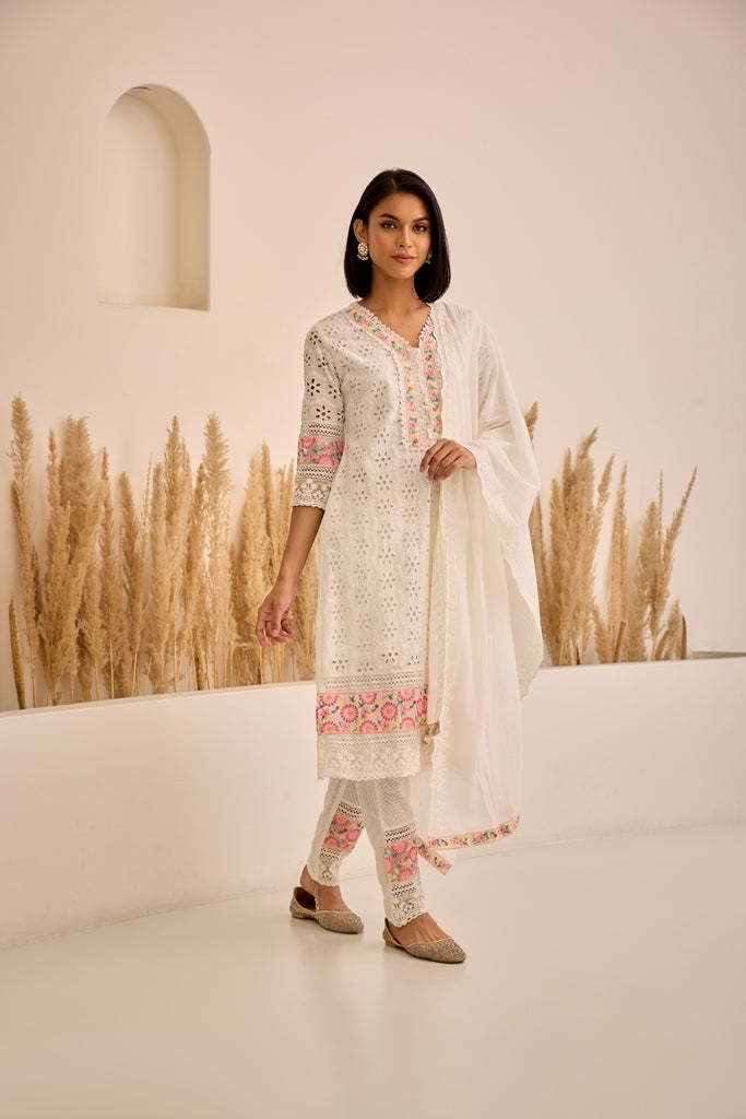 Neerus White cotton embellished suit set straight kurta with trouser and dupatta - side view