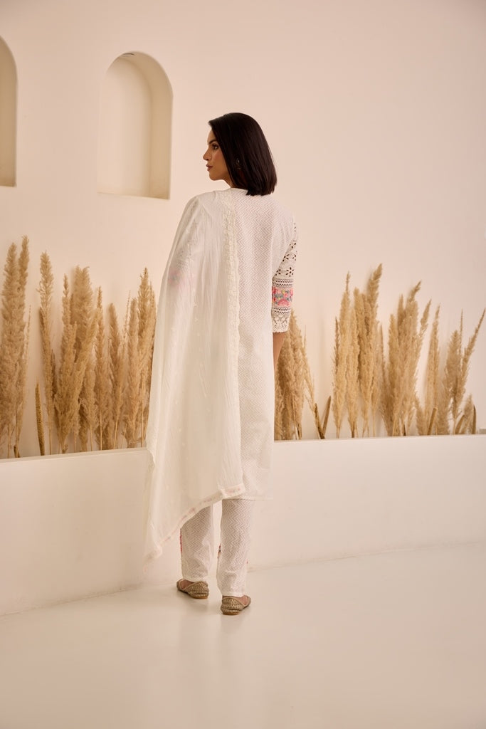 Neerus White cotton embellished suit set straight kurta with trouser and dupatta - detail view 1